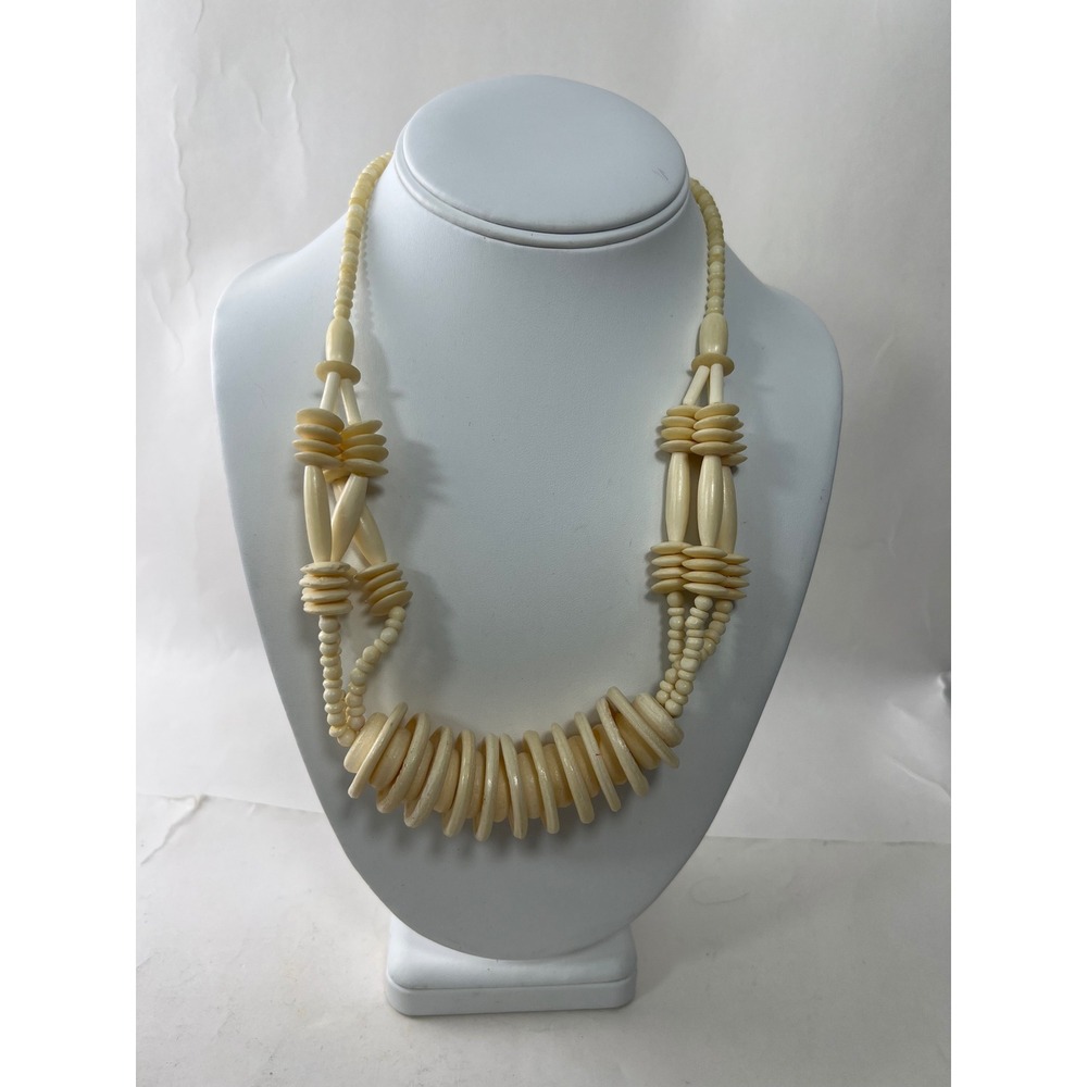 Vintage Hand Carved Statement Necklace Cream Ivory Geometric Beaded Barrel Clasp